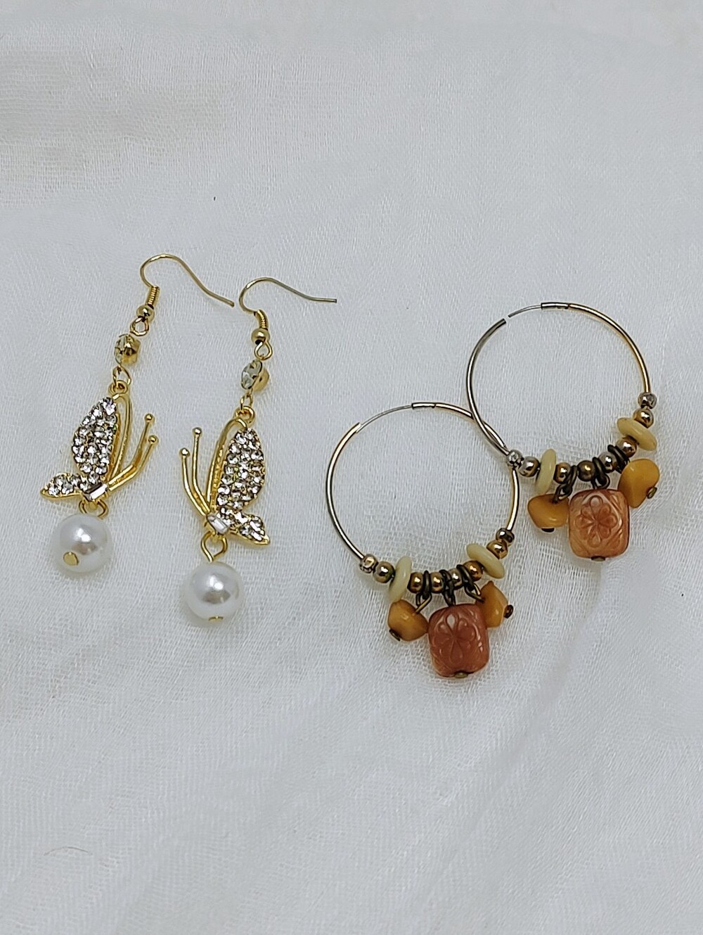 Eclectic Set Of 2 Earrings Gold Butterfly Pearl Drop & Amber Beaded Hoop